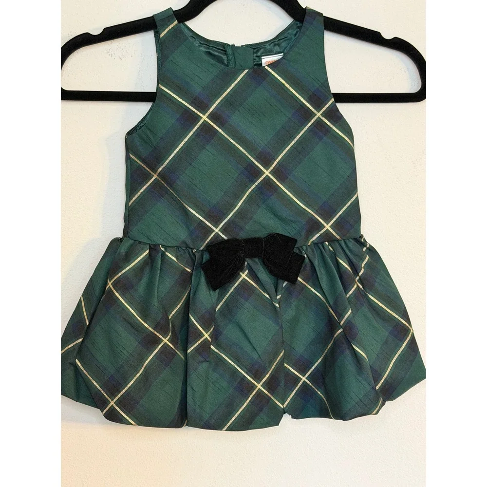 Gymboree Girls Green Plaid Gold Metallic Bubble Hem Holiday Dress 3T